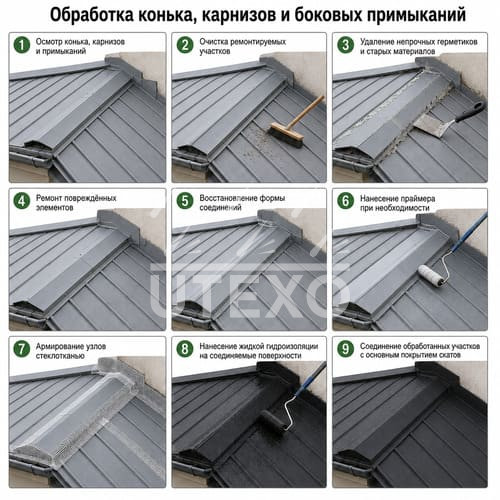 обработка конька, карнизов и примыканий