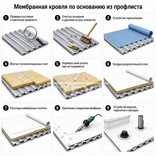 мембранная кровля по основанию из профлиста