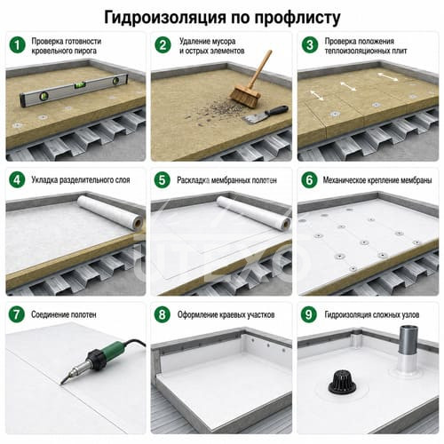 гидроизоляция мембраной по основанию из профлиста