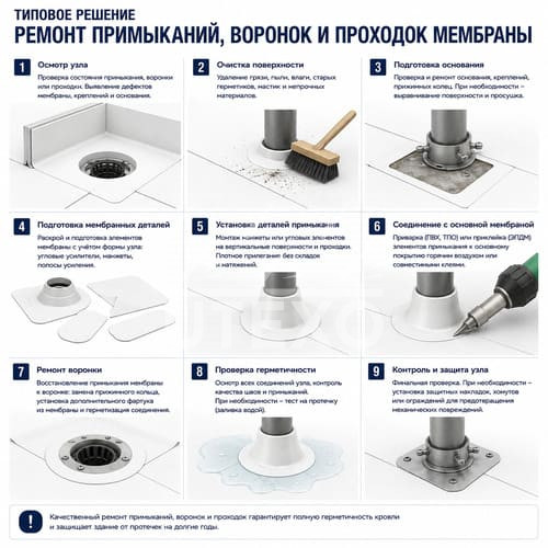 ремонт примыканий, воронок и проходок мембраны