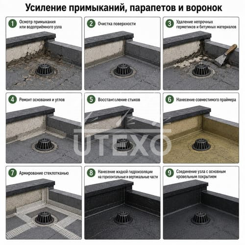 усиление примыканий, парапетов и воронок