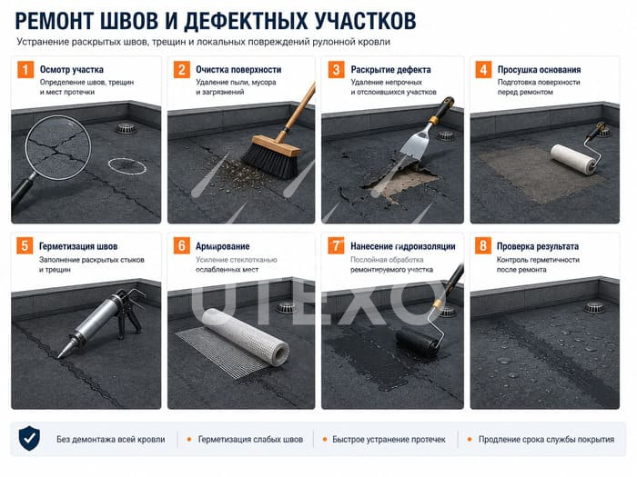 ремонт швов и дефектных участков